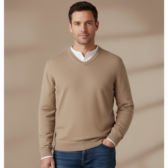 Claiborne Sweater Men's Size 2XL Tan Camel V-Neck Cashmere Blend Pullover Preppy - Picture 1 of 8